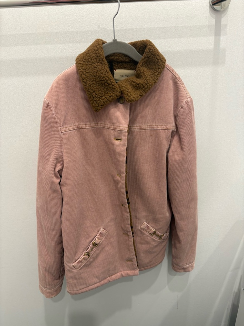 Gucci Pink Corduroy Jacket with Brown Sherpa Collar kids